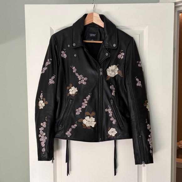Lamarque Black Leather Jacket with Floral Embroidery - Picture 1 of 9